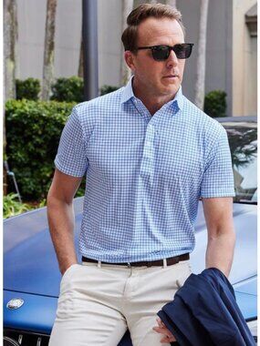 Mens Blue Checkered Polo Shirt By Collars & Co. XL Relaxed Fit Dress Collar Shor